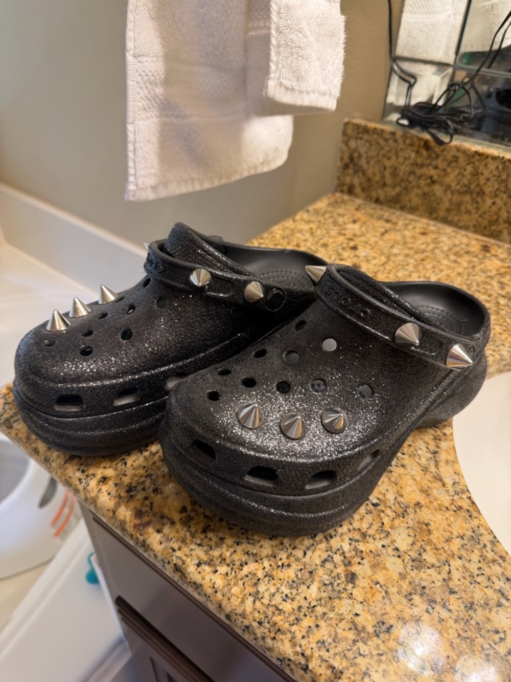 Crocs Black Glitter Bae Clog Sandals with Silver Spikes